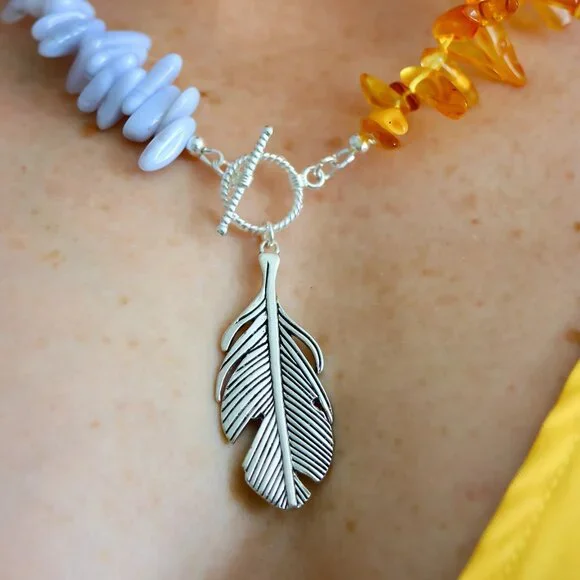 Amber & Agate Feather Pendant Necklace - Picture 4 of 10